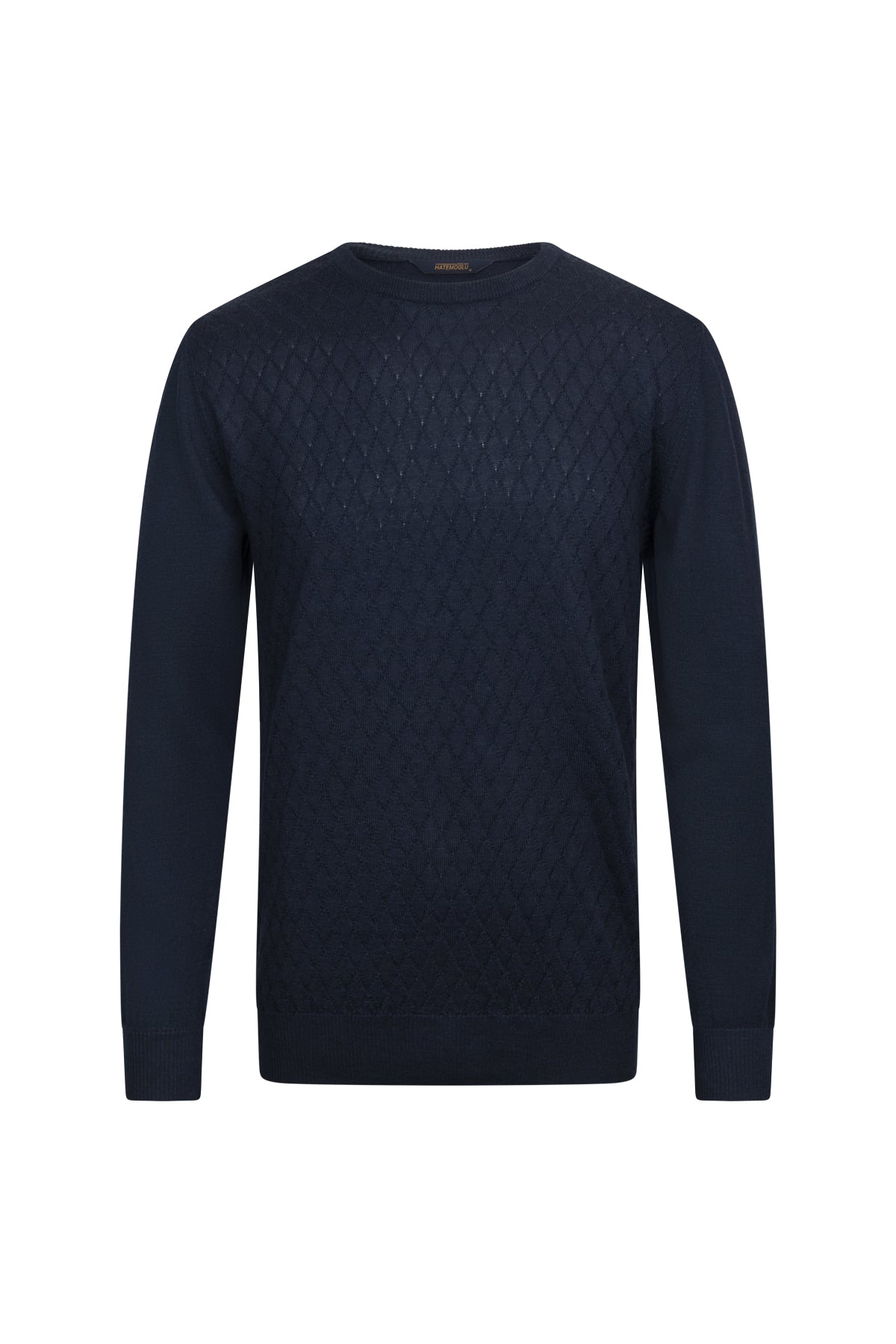 Regular Fit Jacquard Wool Blend Navy Crewneck Sweater
