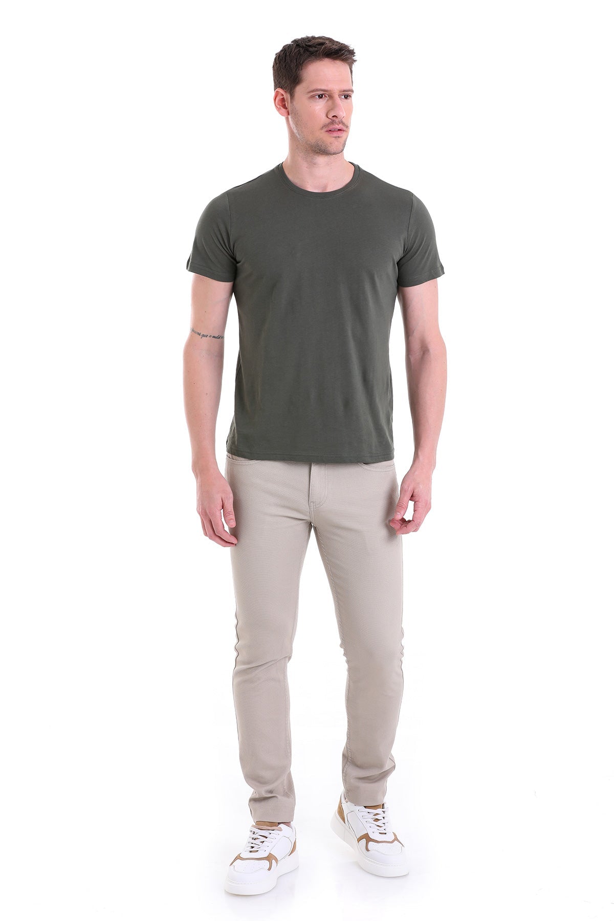Regular Fit Khaki Basic Cotton Crew Neck T-Shirt - SAYKI
