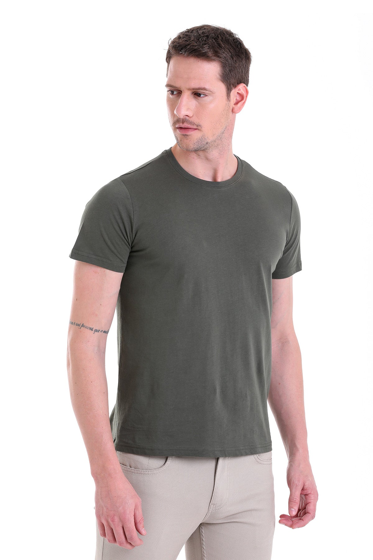 Regular Fit Khaki Basic Cotton Crew Neck T-Shirt - SAYKI