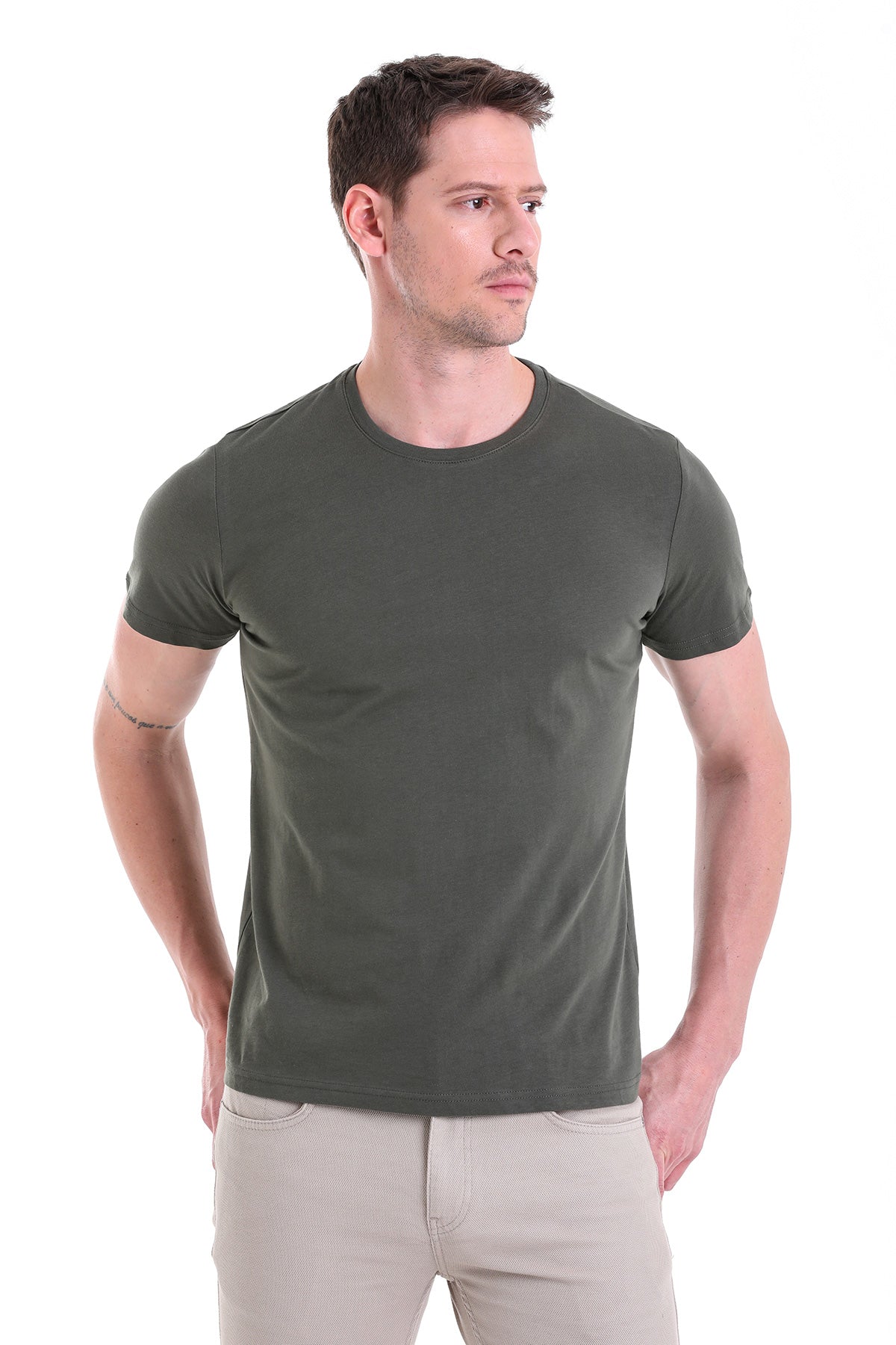 Regular Fit Khaki Basic Cotton Crew Neck T-Shirt - SAYKI