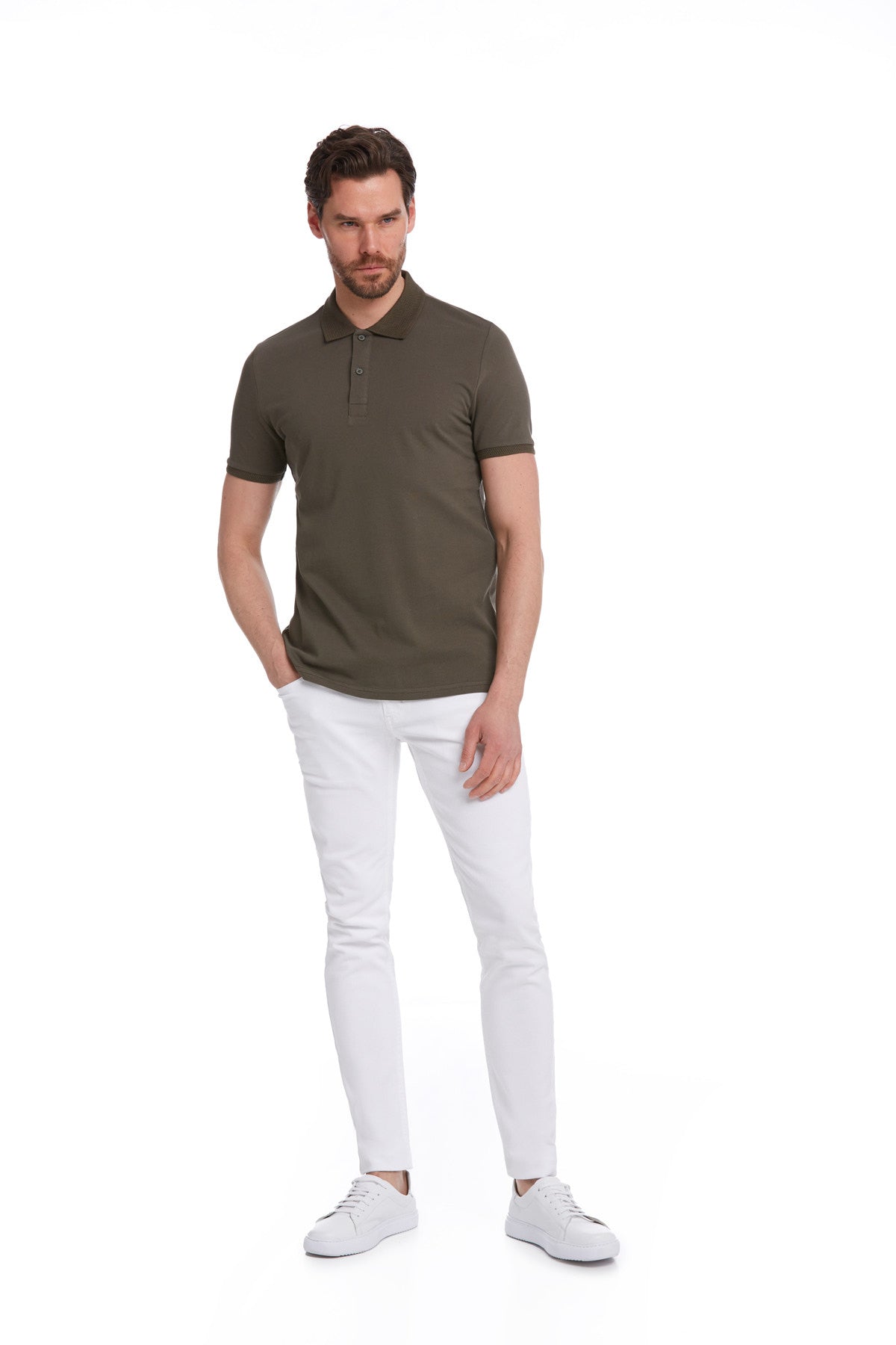 Regular Fit Khaki Basic Cotton Polo T-Shirt - SAYKI