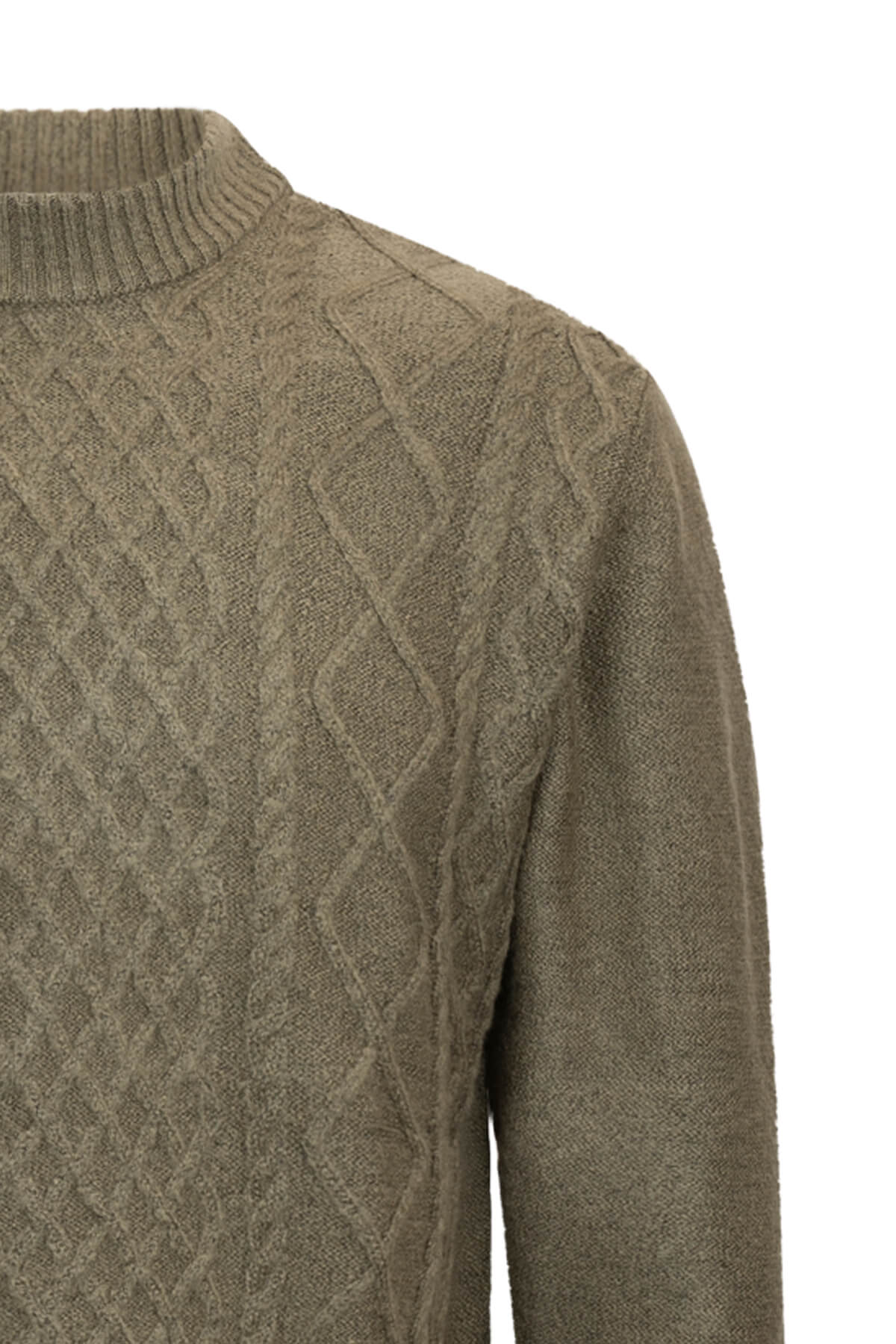 Regular Fit Khaki Cable Jacquard Knit Mock Neck Sweater