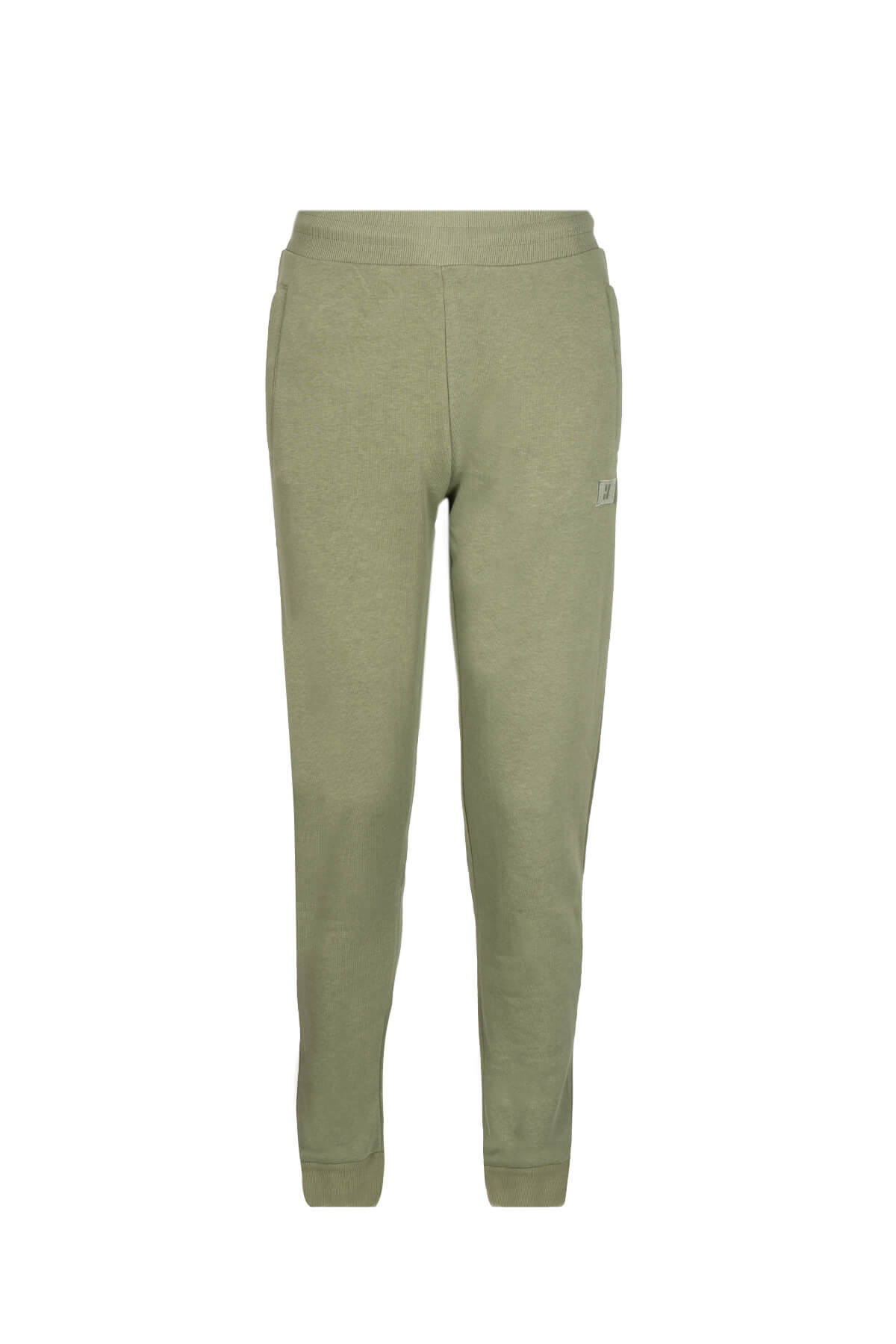 Regular fit olive green cotton joggers with a small logo patch on the thigh made from a khaki cotton blend