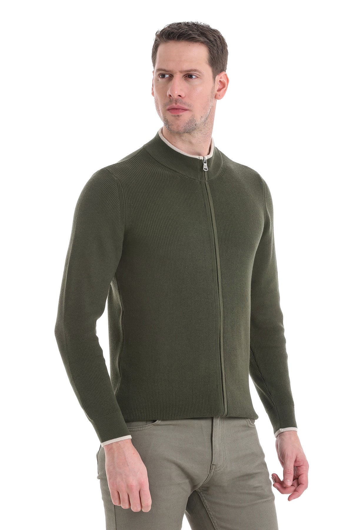 Regular Fit Khaki Cotton Blend Mock Neck Cardigan - SAYKI