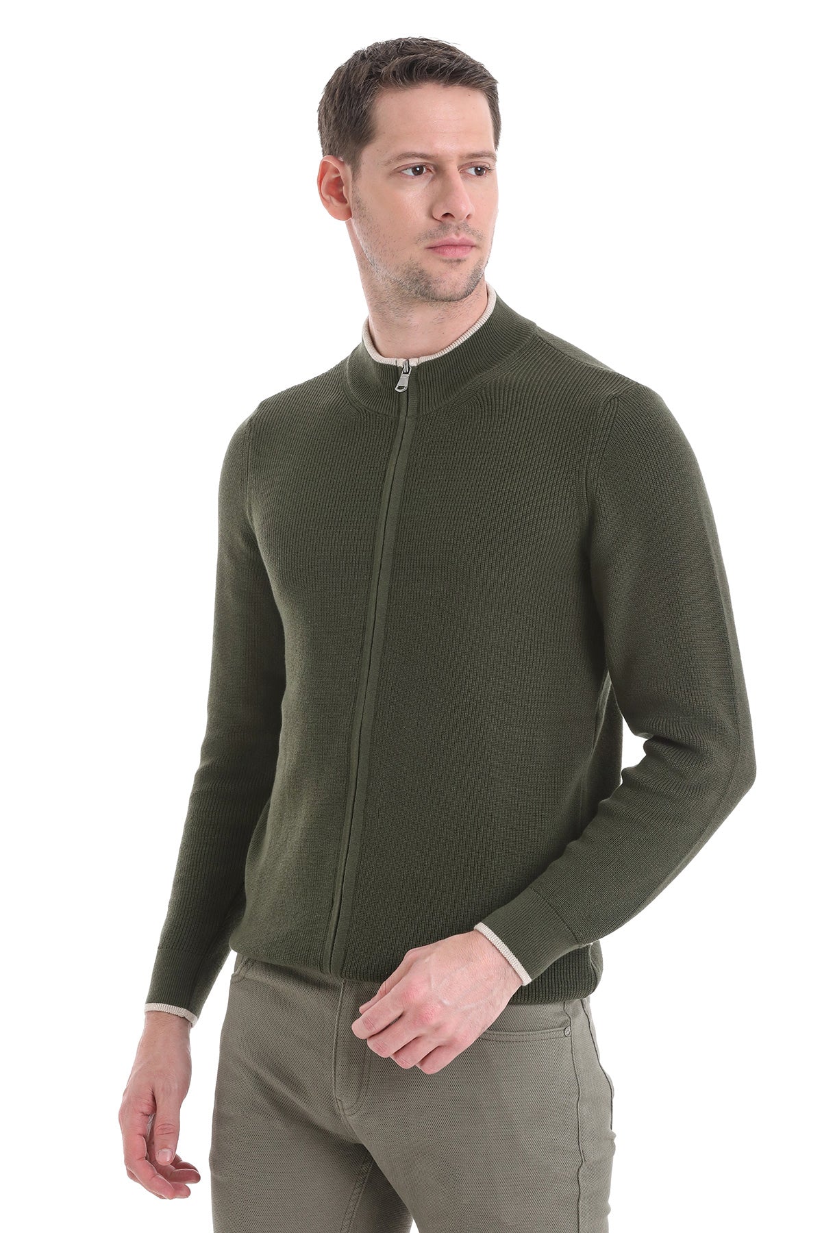 Regular Fit Khaki Cotton Blend Mock Neck Cardigan - SAYKI