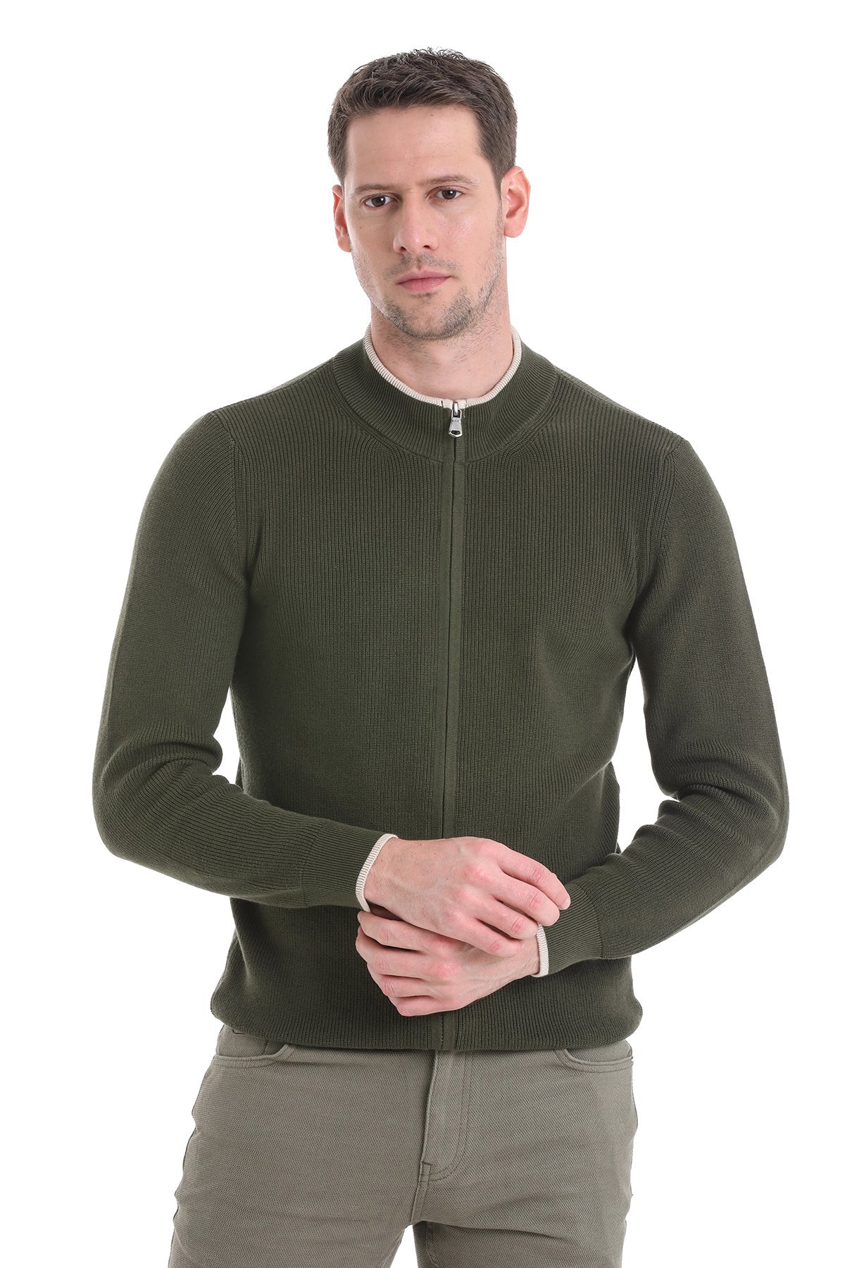 Regular Fit Khaki Cotton Blend Mock Neck Cardigan - SAYKI