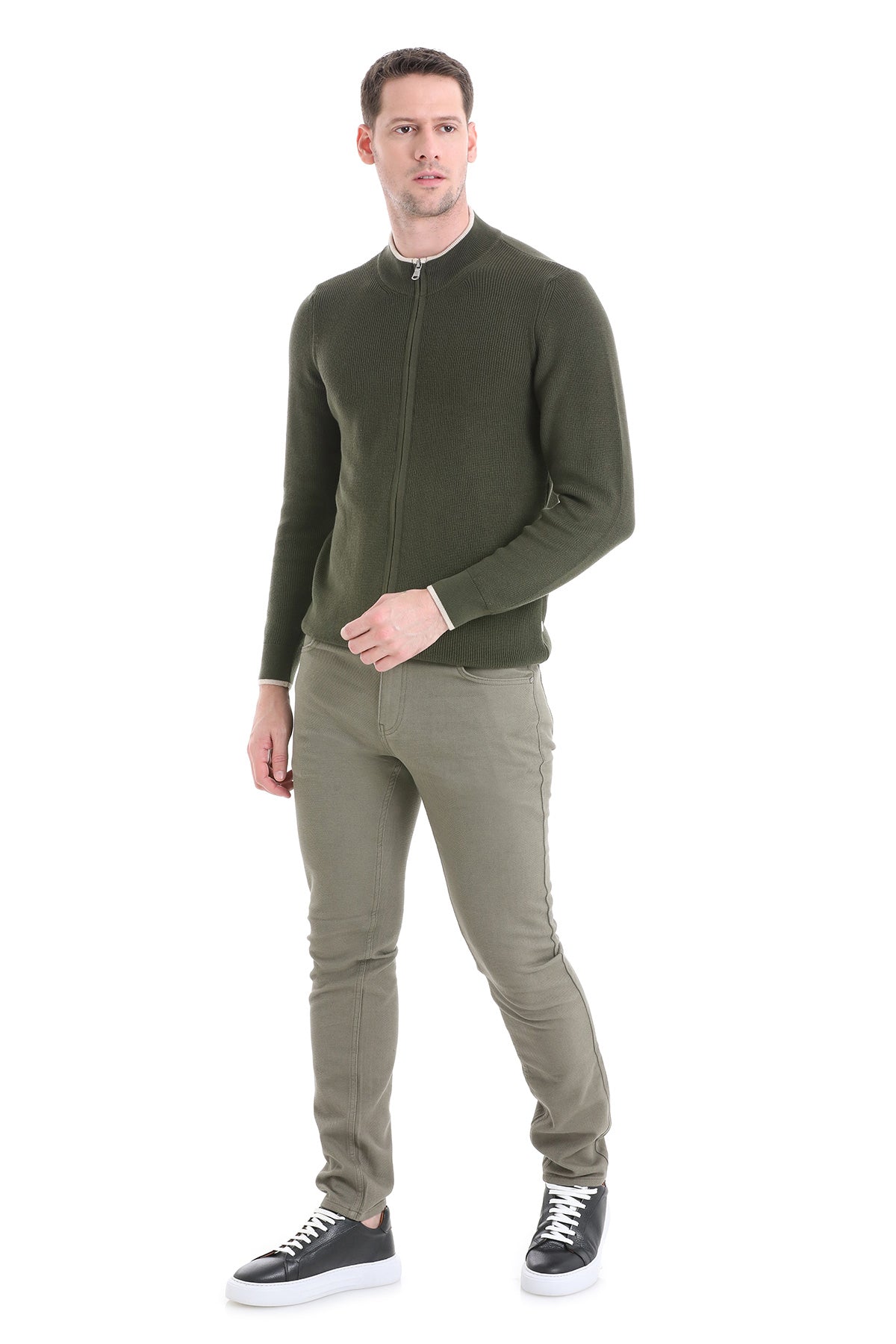 Regular Fit Khaki Cotton Blend Mock Neck Cardigan - SAYKI