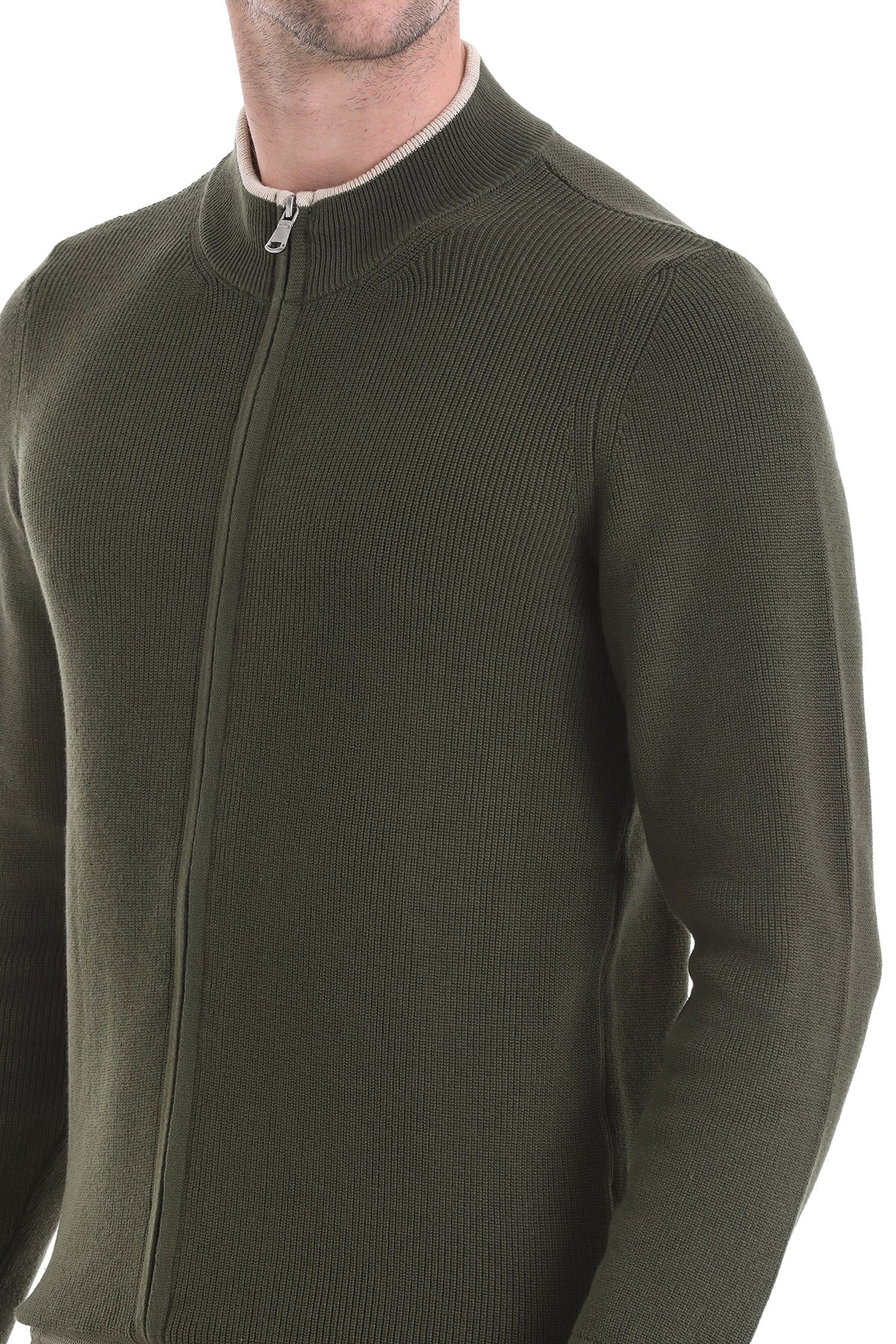 Regular Fit Khaki Cotton Blend Mock Neck Cardigan - SAYKI