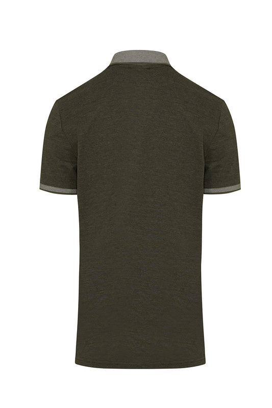 Olive green short-sleeved polo shirt with contrasting gray collar and sleeve cuffs.