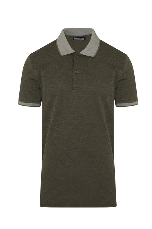Olive green textured polo shirt with a contrasting light gray collar and sleeve cuffs.