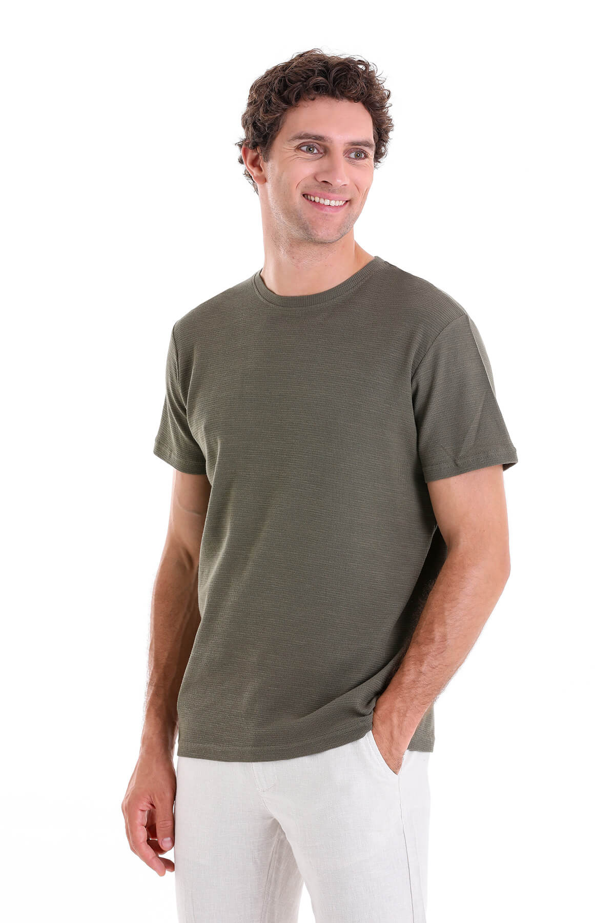 Regular Fit Khaki Cotton Crew Neck T-Shirt - SAYKI