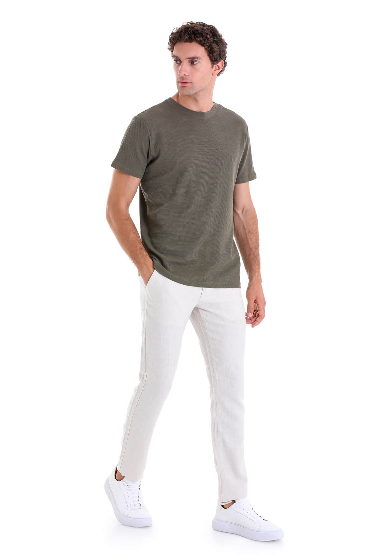 Regular Fit Khaki Cotton Crew Neck T-Shirt - SAYKI