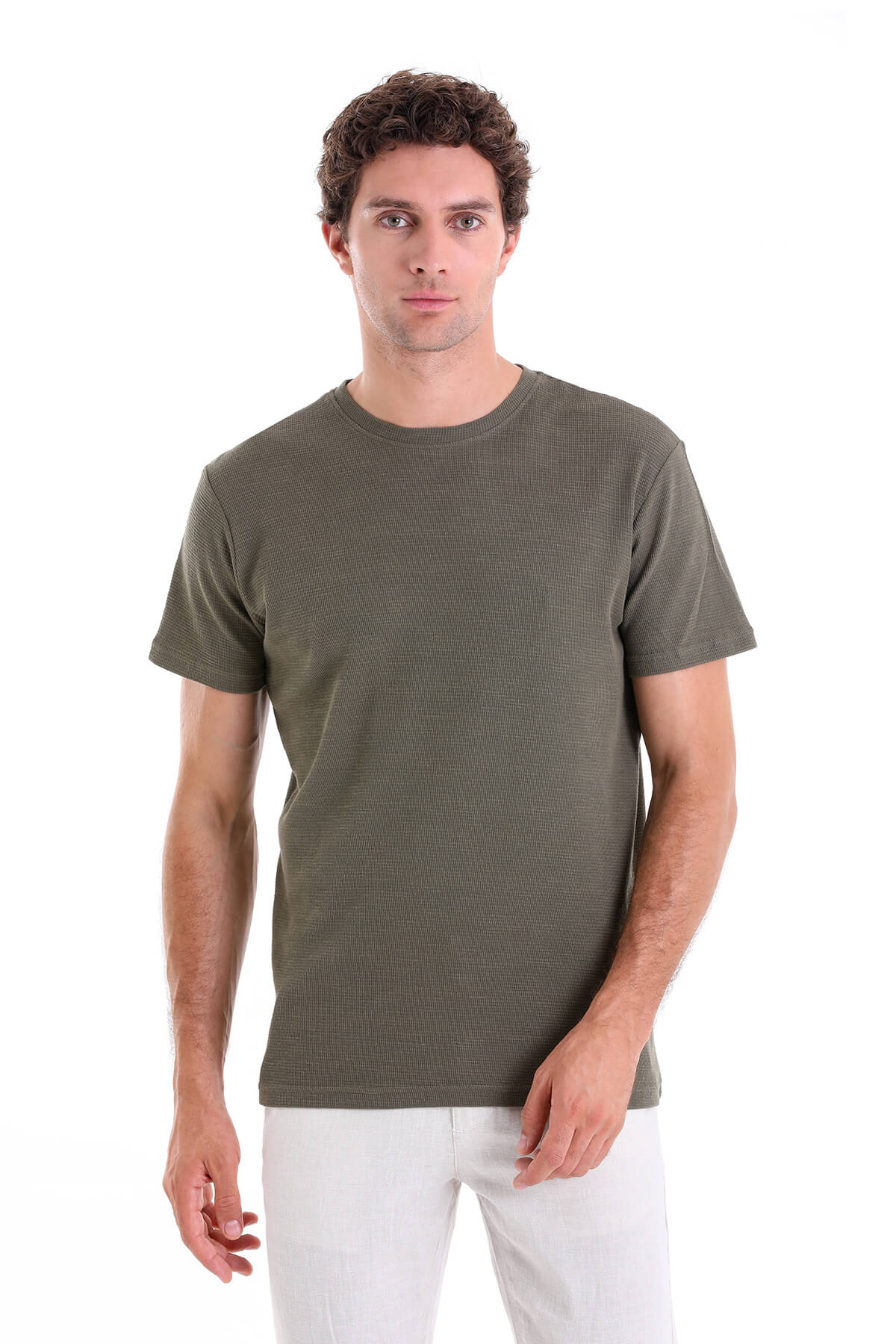 Regular Fit Khaki Cotton Crew Neck T-Shirt - SAYKI