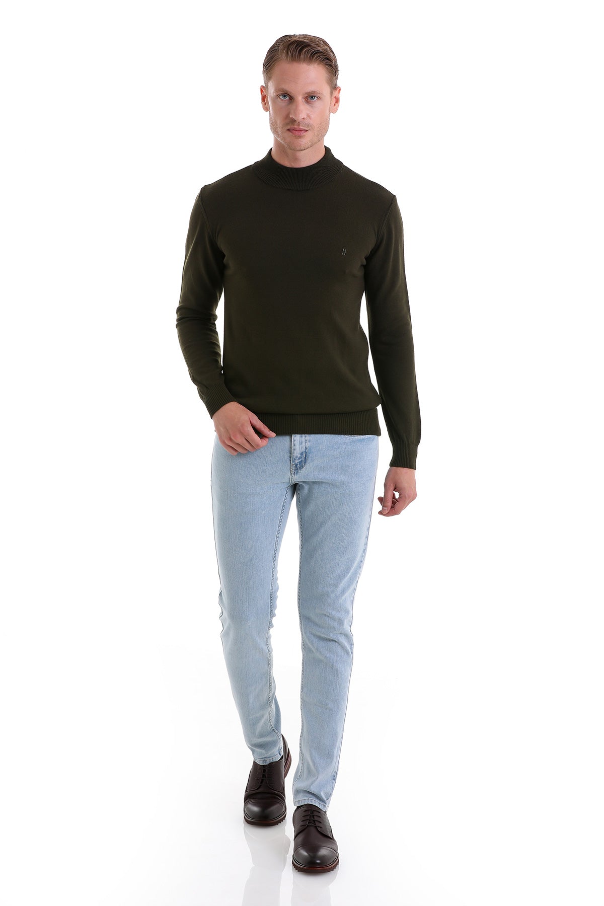 Regular Fit Khaki Mock Neck Sweater - SAYKI