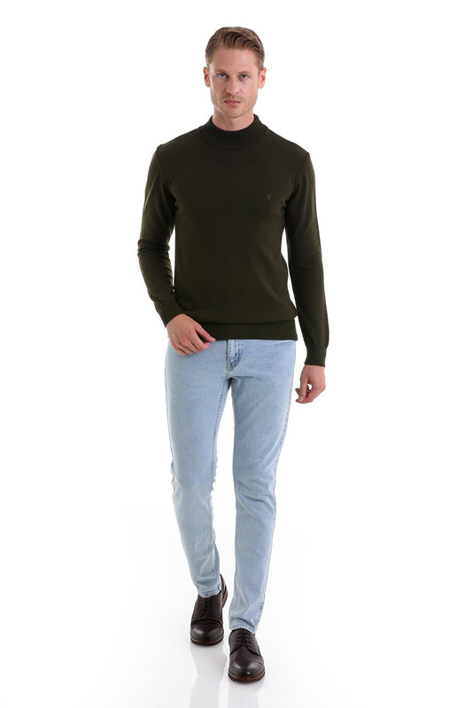 Regular Fit Khaki Mock Neck Sweater - SAYKI