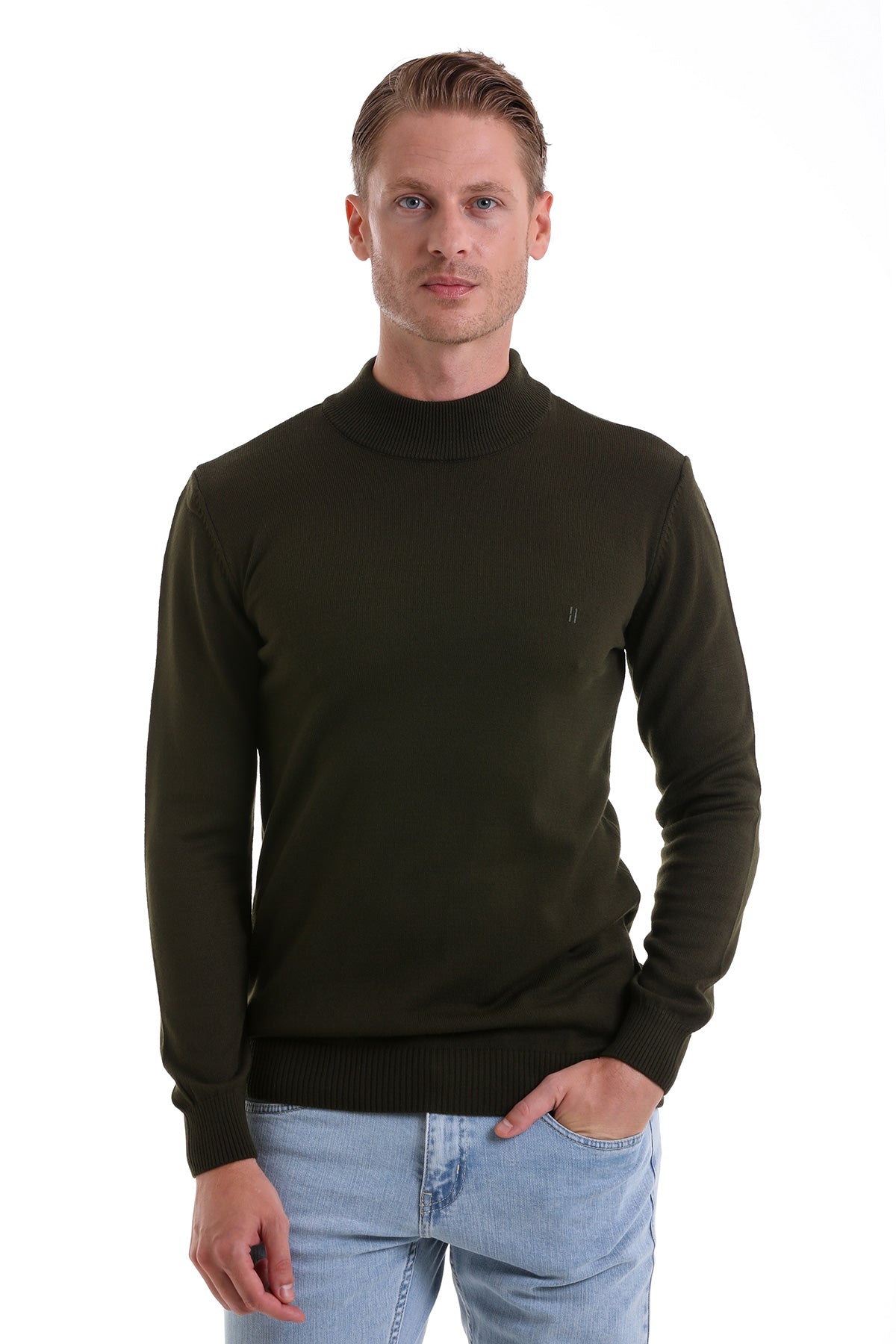 Regular Fit Khaki Mock Neck Sweater - SAYKI