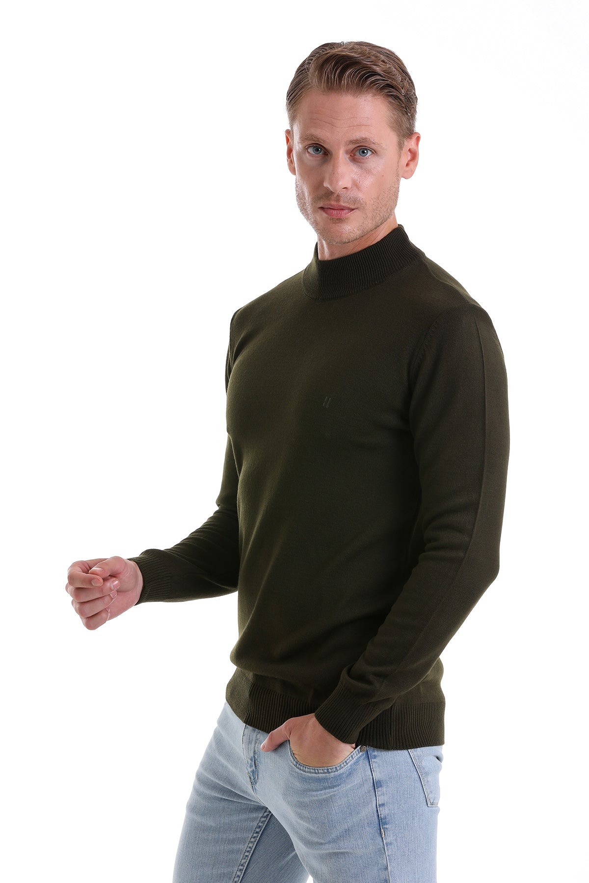 Regular Fit Khaki Mock Neck Sweater - SAYKI