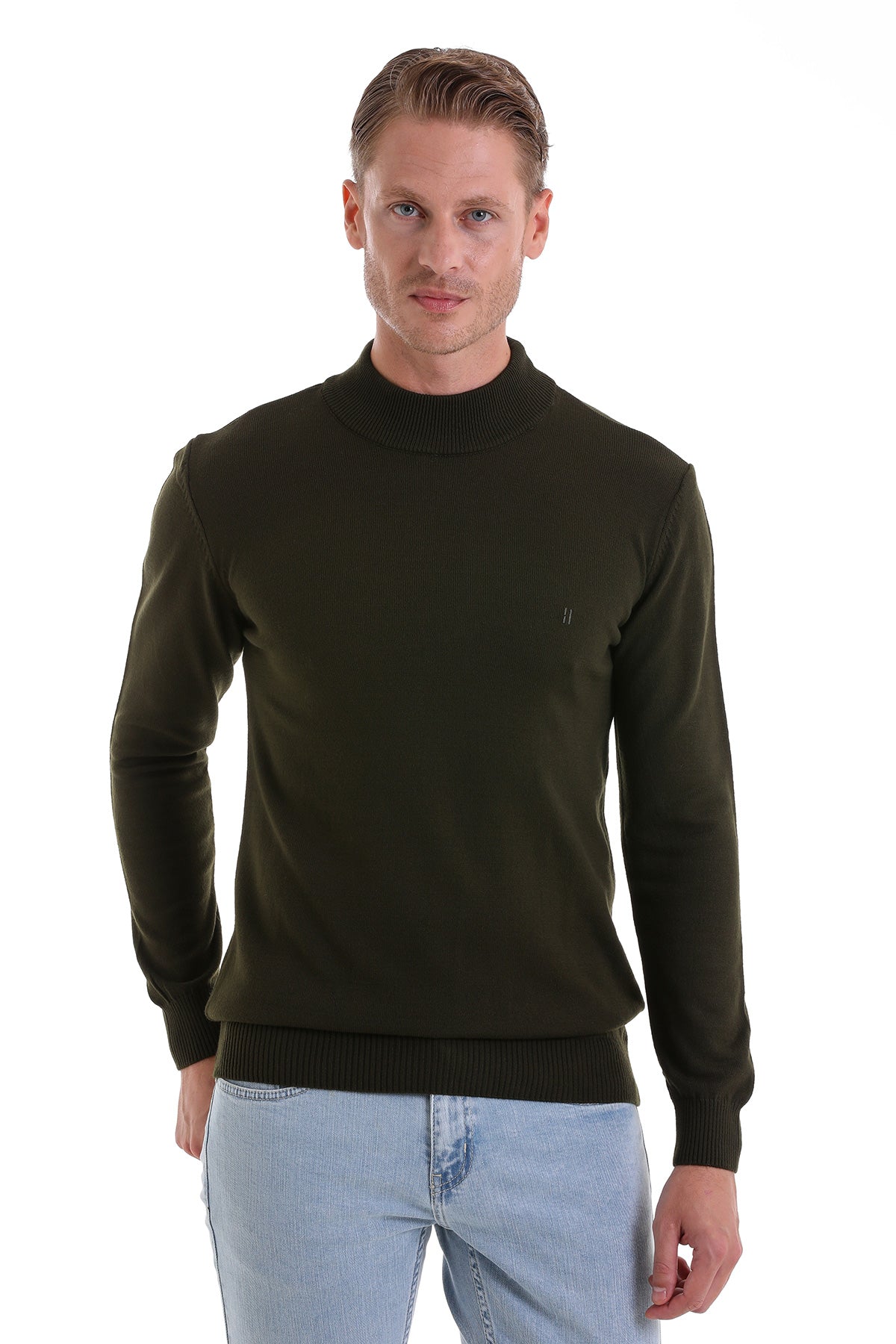Dark olive green turtleneck sweater with ribbed cuffs and hem.