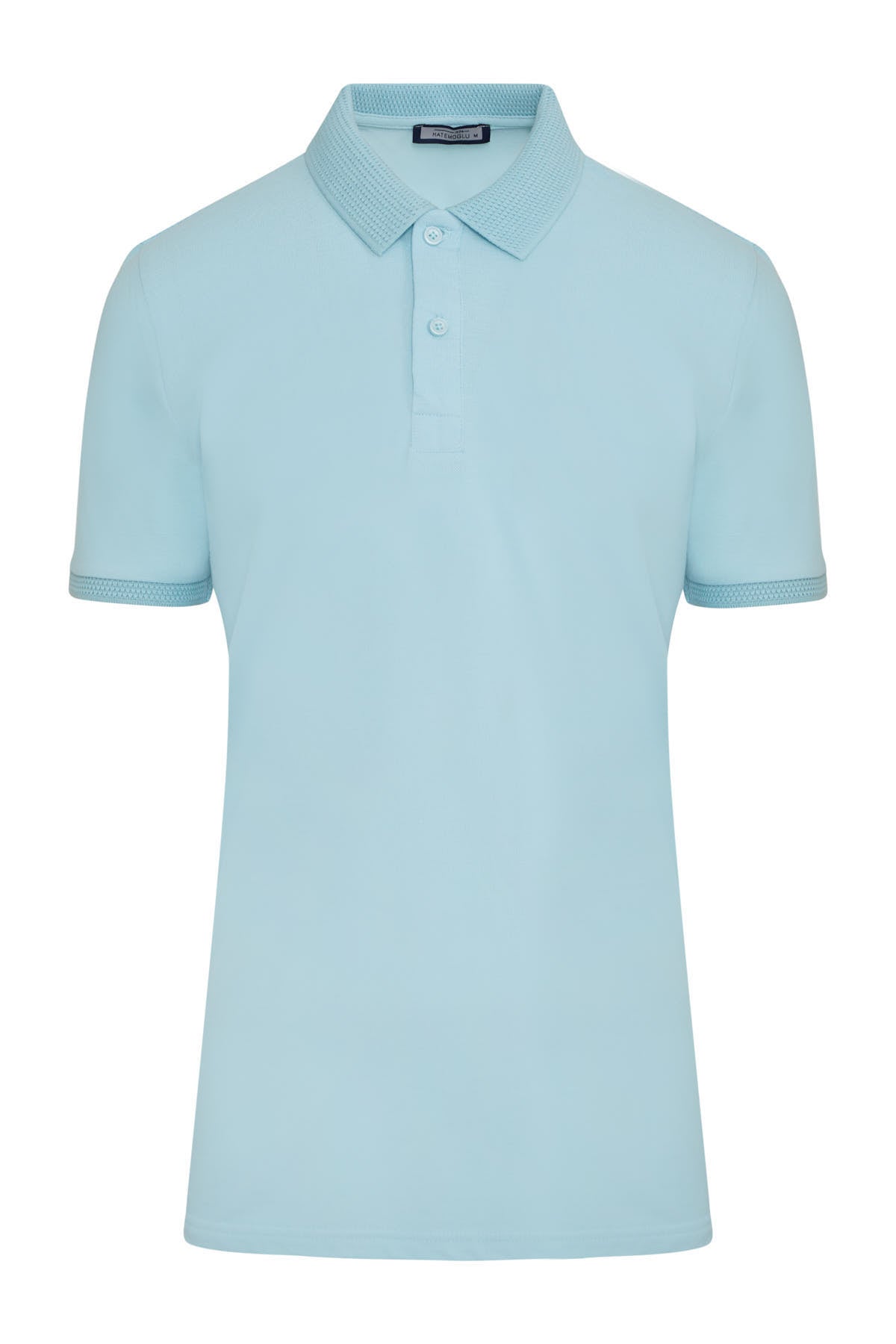A light blue short-sleeved polo shirt with a ribbed collar and sleeve cuffs, featuring a subtle textured weave.