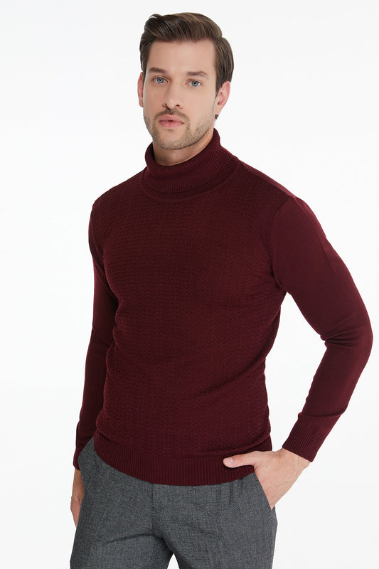 Regular Fit Light Burgundy Turtleneck Sweater - SAYKI