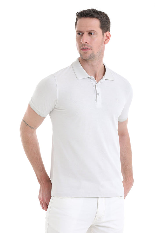 White short-sleeved polo shirt with a classic collar and button placket.