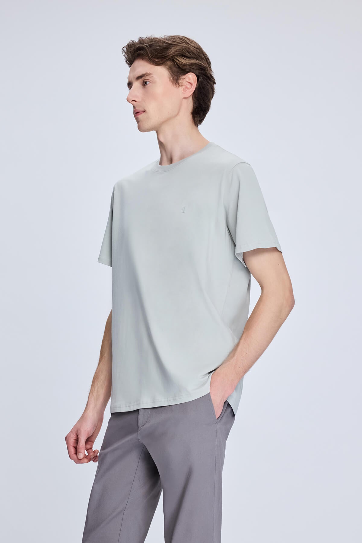 Regular Fit Light Gray Cotton Blend Crewneck T-Shirt - SAYKI