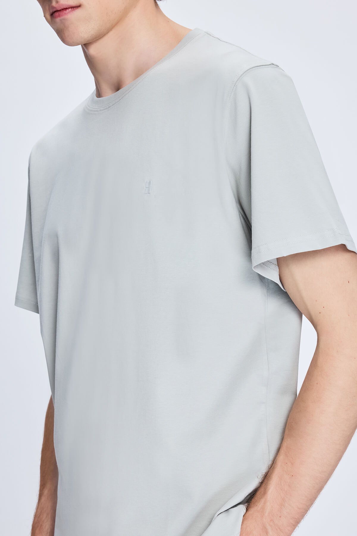 Regular Fit Light Gray Cotton Blend Crewneck T-Shirt - SAYKI