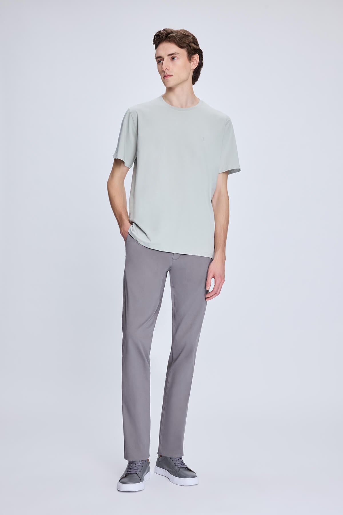 Regular Fit Light Gray Cotton Blend Crewneck T-Shirt - SAYKI