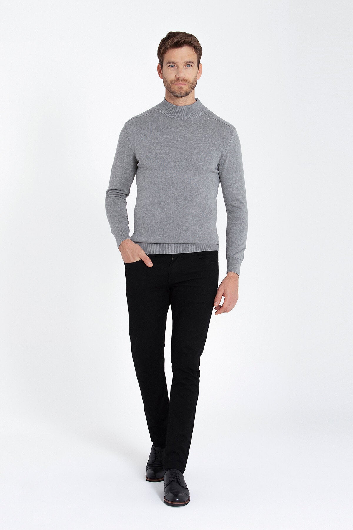 Regular Fit Light Gray Cotton Blend Mock Neck Sweater