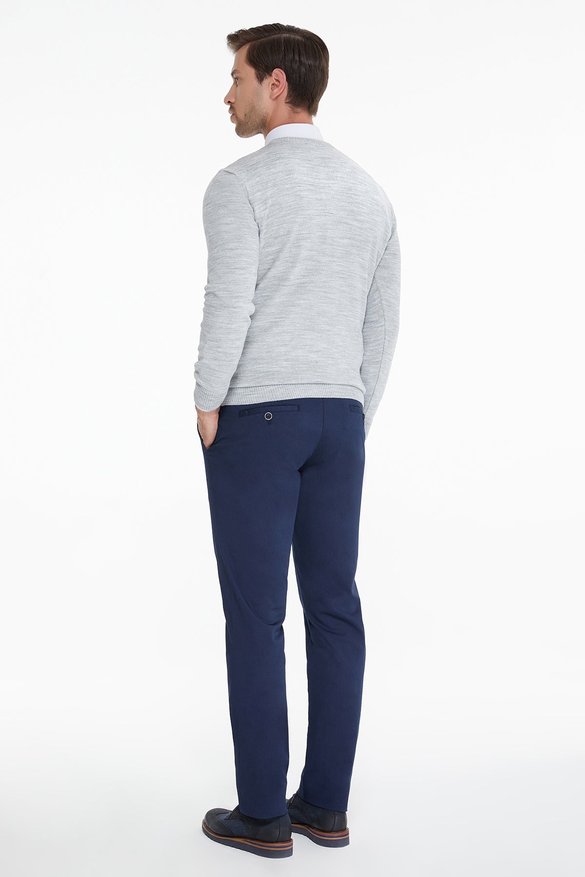 Regular Fit Light Gray V-Neck Sweater - SAYKI