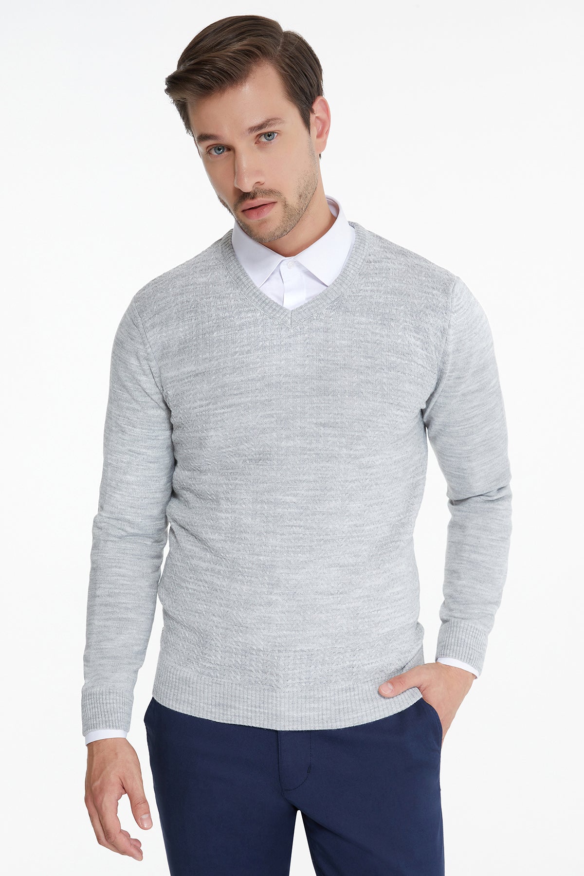 Regular Fit Light Gray V-Neck Sweater - SAYKI