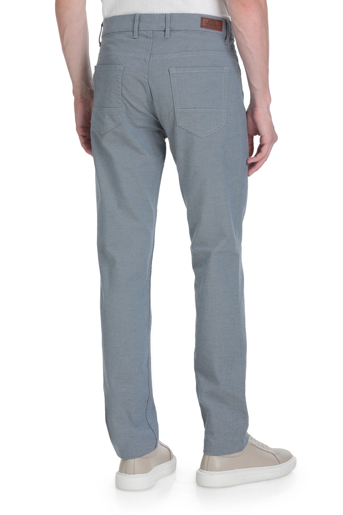 Light gray chino pants with a straight-leg cut and subtle stitching details.
