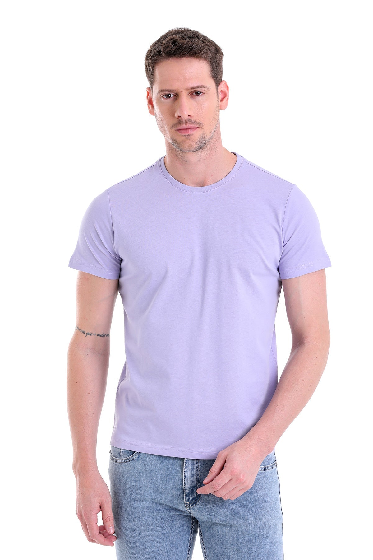 Regular Fit Lilac Basic Cotton Crew Neck T-Shirt - SAYKI