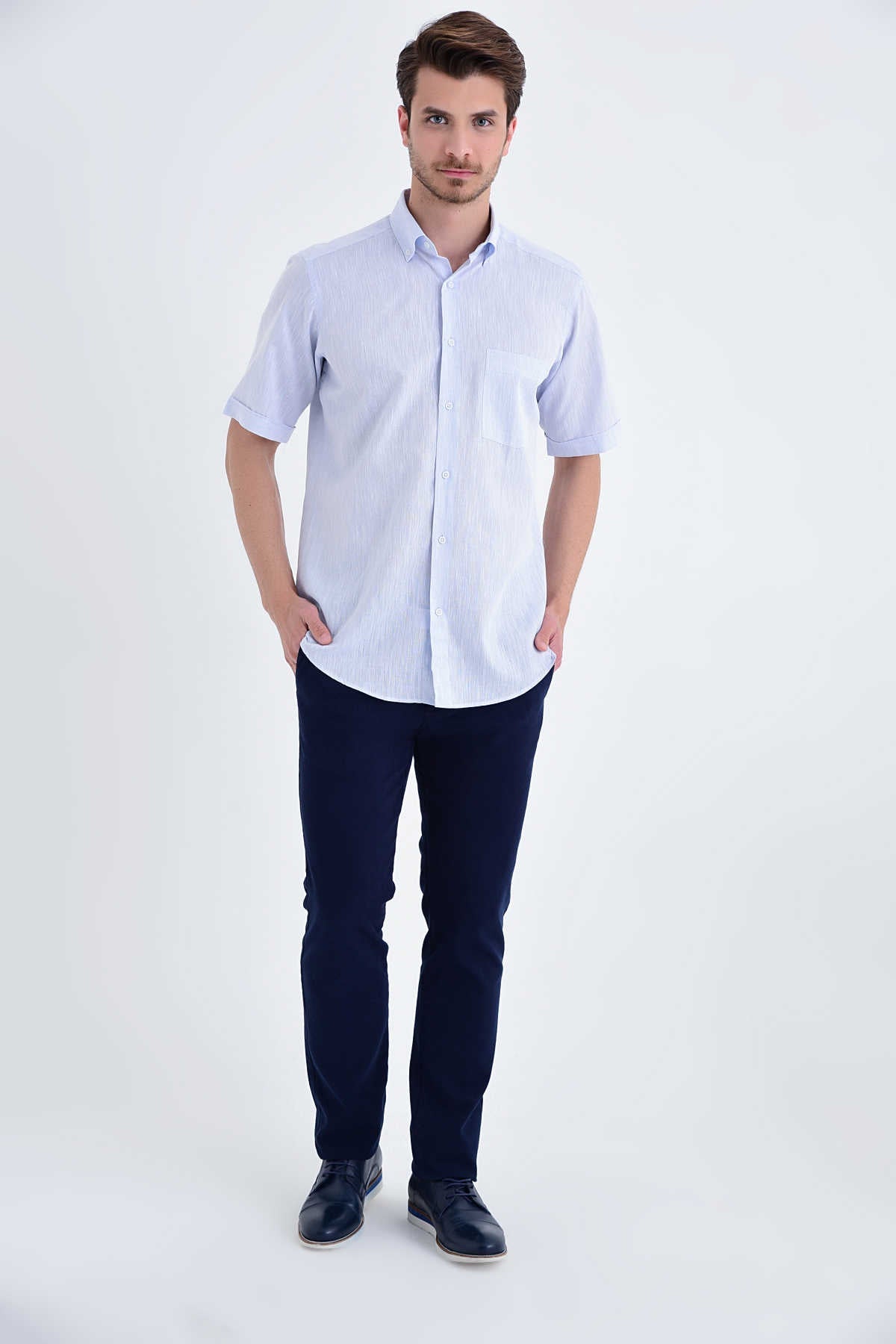 Regular Fit Linen & Cotton Blend Ice Blue Casual Shirt