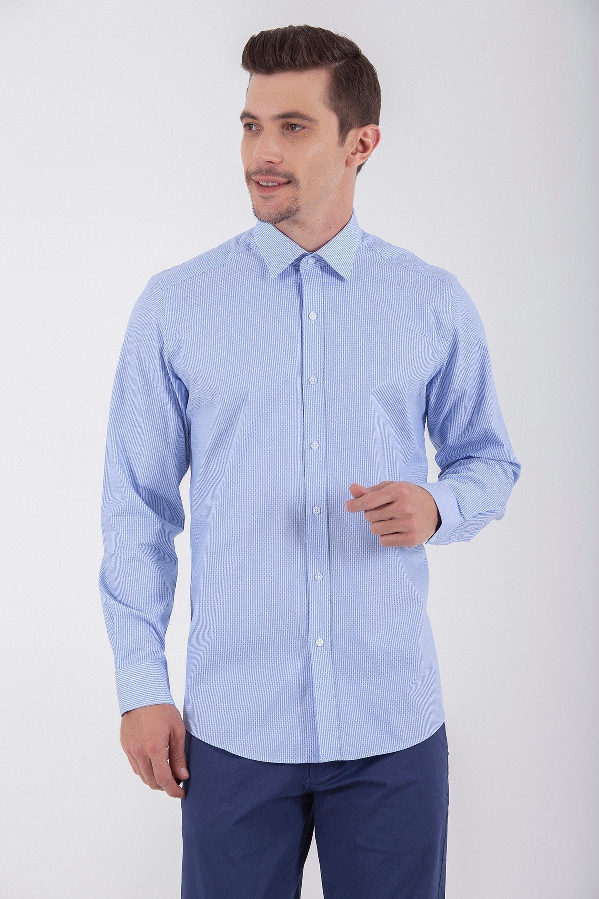 Regular Fit Long Sleeve Cotton Blue Dress Shirt - SAYKI