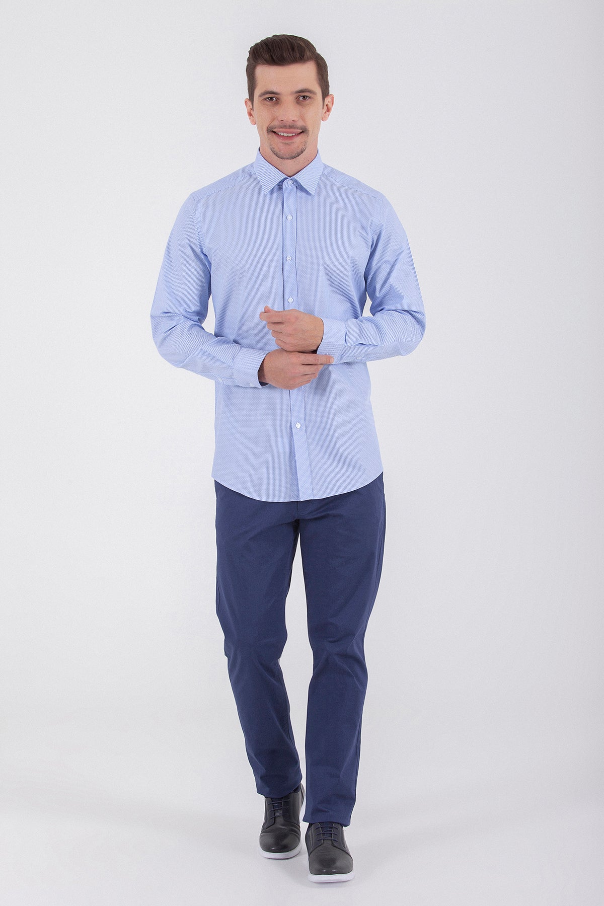 Regular Fit Long Sleeve Cotton Blue Dress Shirt - SAYKI