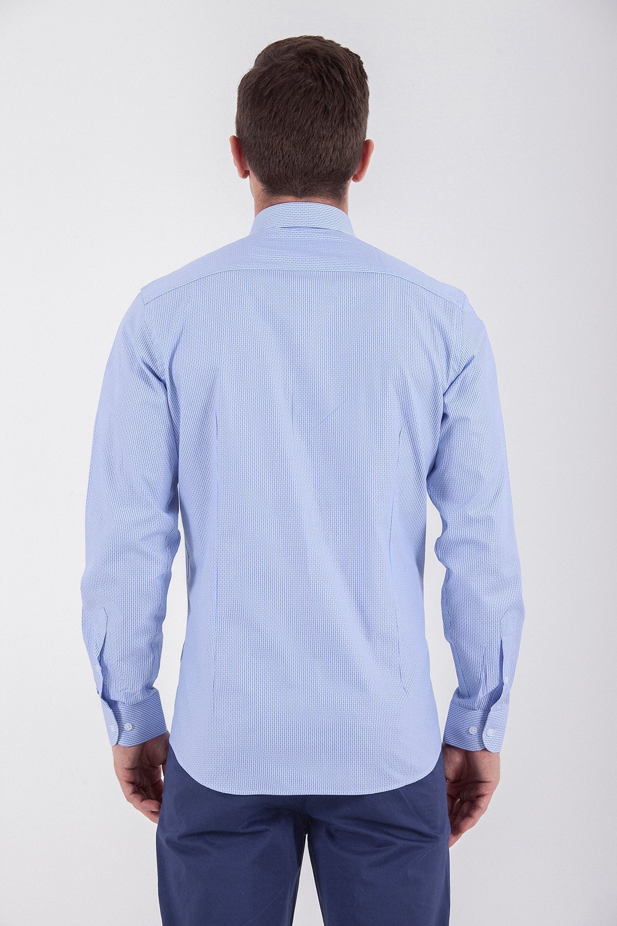 Regular Fit Long Sleeve Cotton Blue Dress Shirt - SAYKI