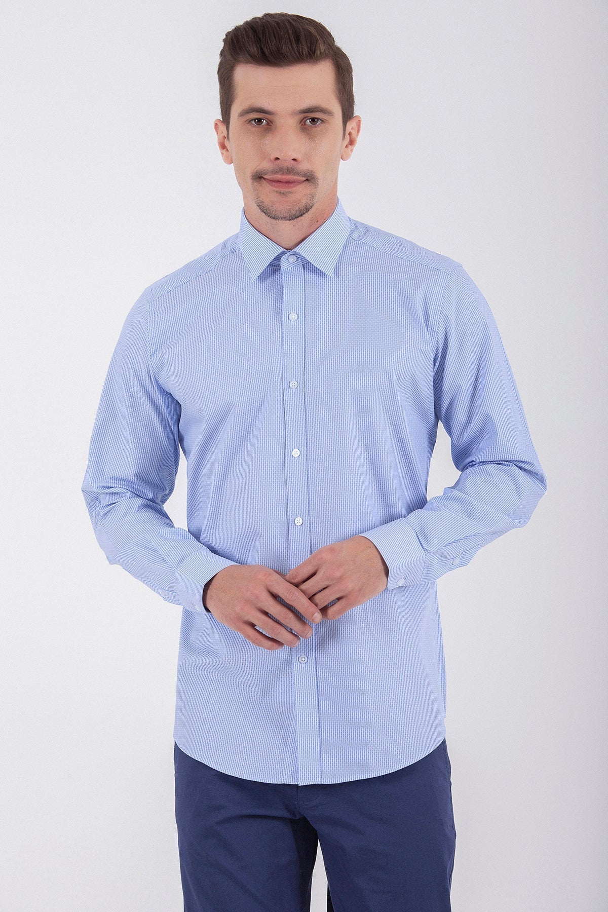 Regular Fit Long Sleeve Cotton Blue Dress Shirt - SAYKI