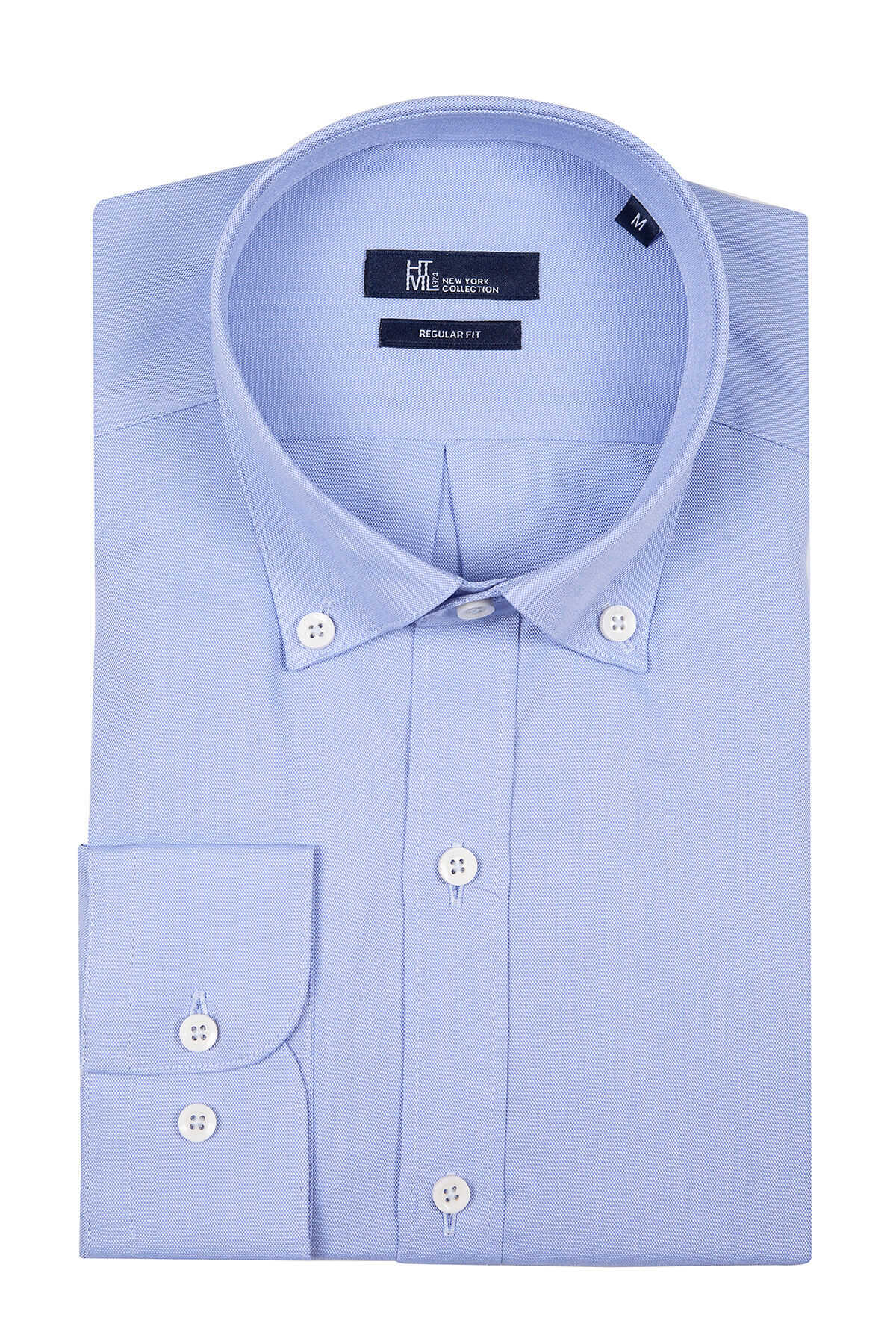 Light blue button-down dress shirt with a subtle textured weave and white buttons.