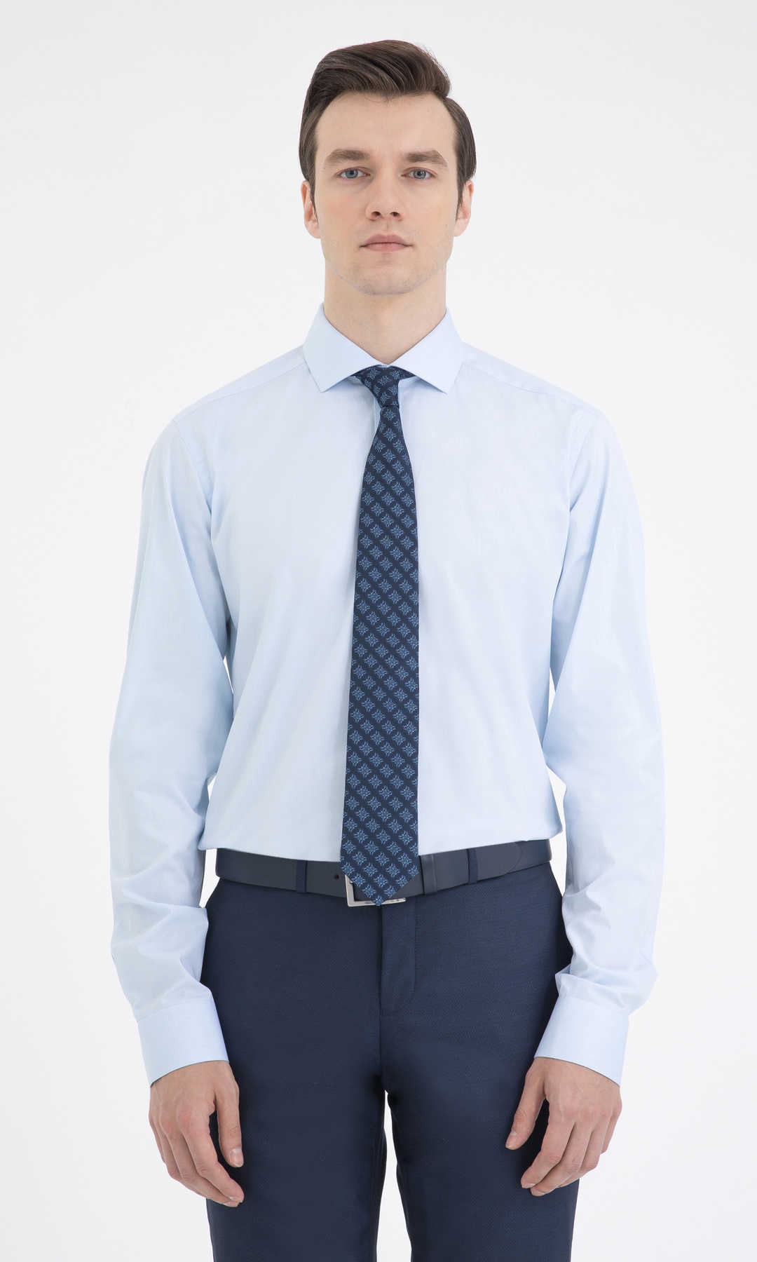 Regular Fit Long Sleeve Cotton Ice Blue Dress Shirt - SAYKI