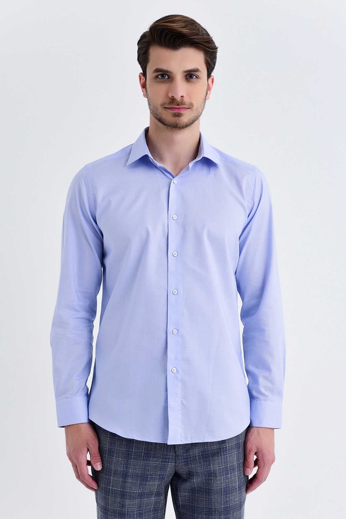 Regular Fit Long Sleeve Cotton Light Blue Casual Shirt