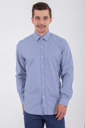 Regular Fit Long Sleeve Cotton Navy Dress Shirt - SAYKI