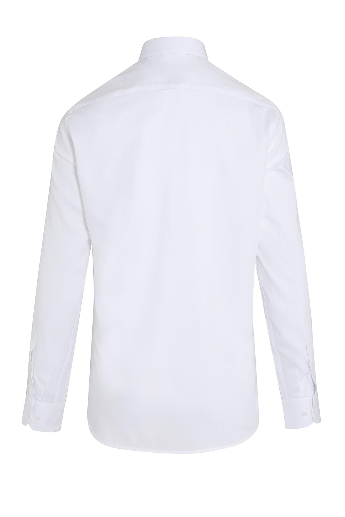 White long-sleeved dress shirt with a crisp, tailored fit and classic collar.