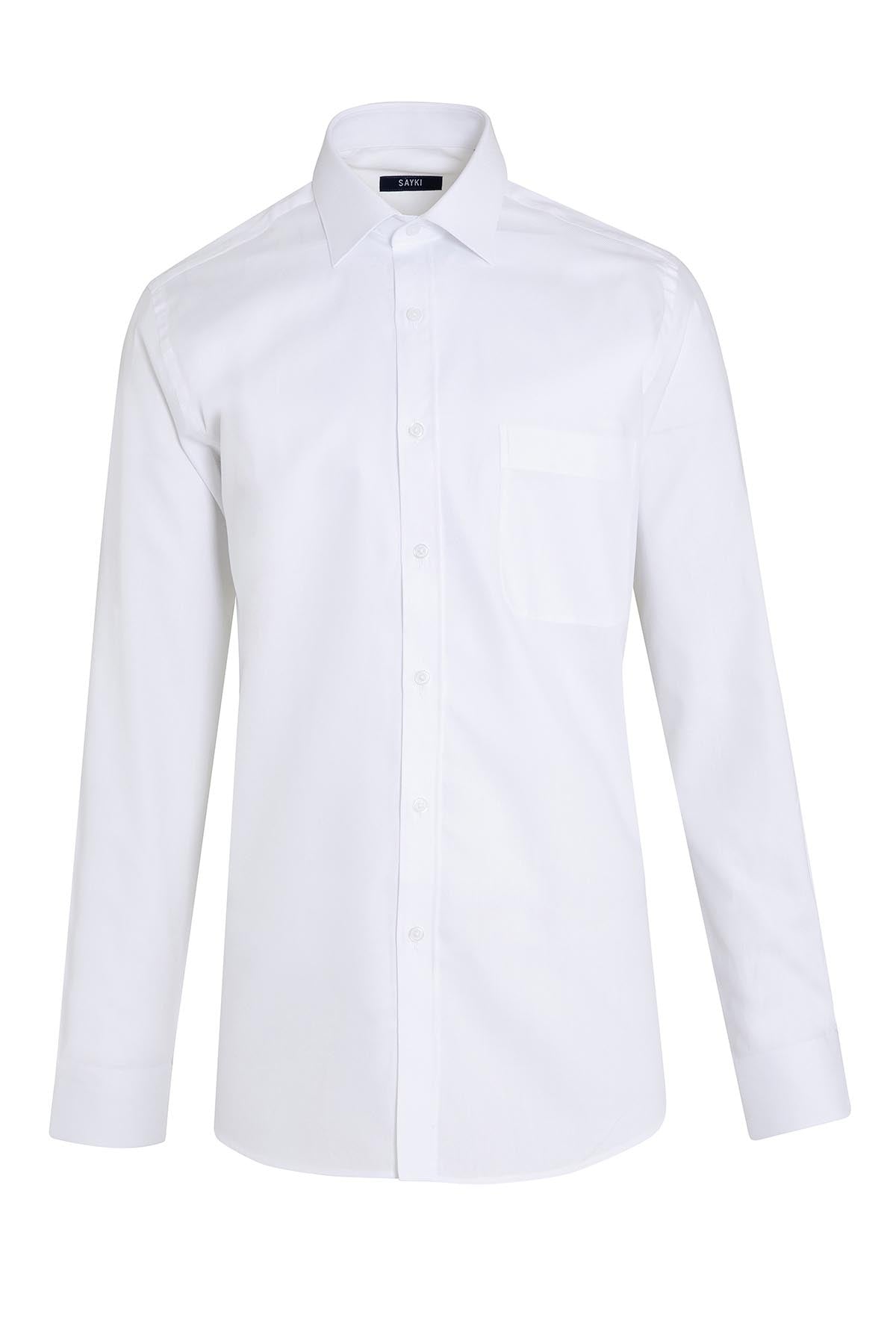 A crisp white men’s dress shirt with a classic collar and button-down front.