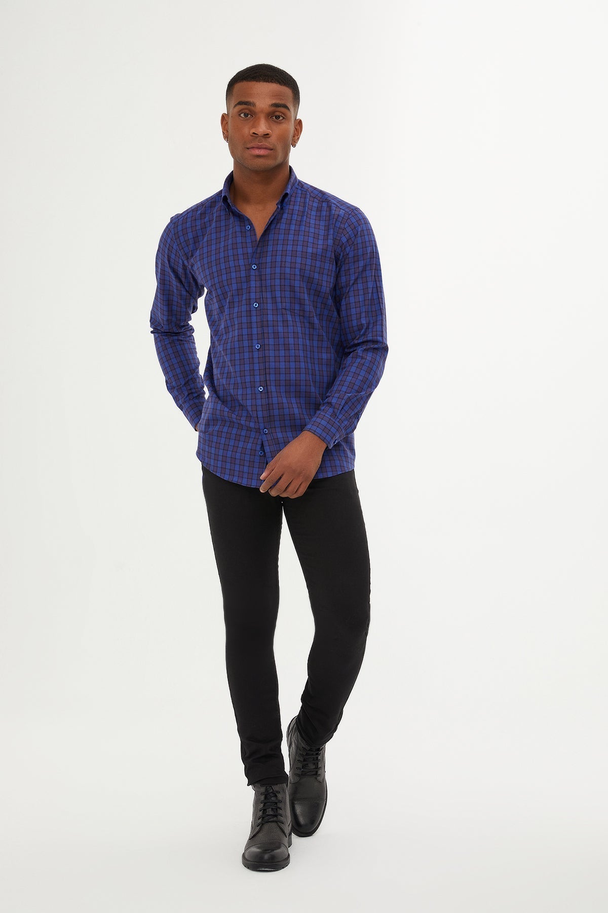 Regular Fit Long Sleeve Plaid Cotton Navy Casual Shirt