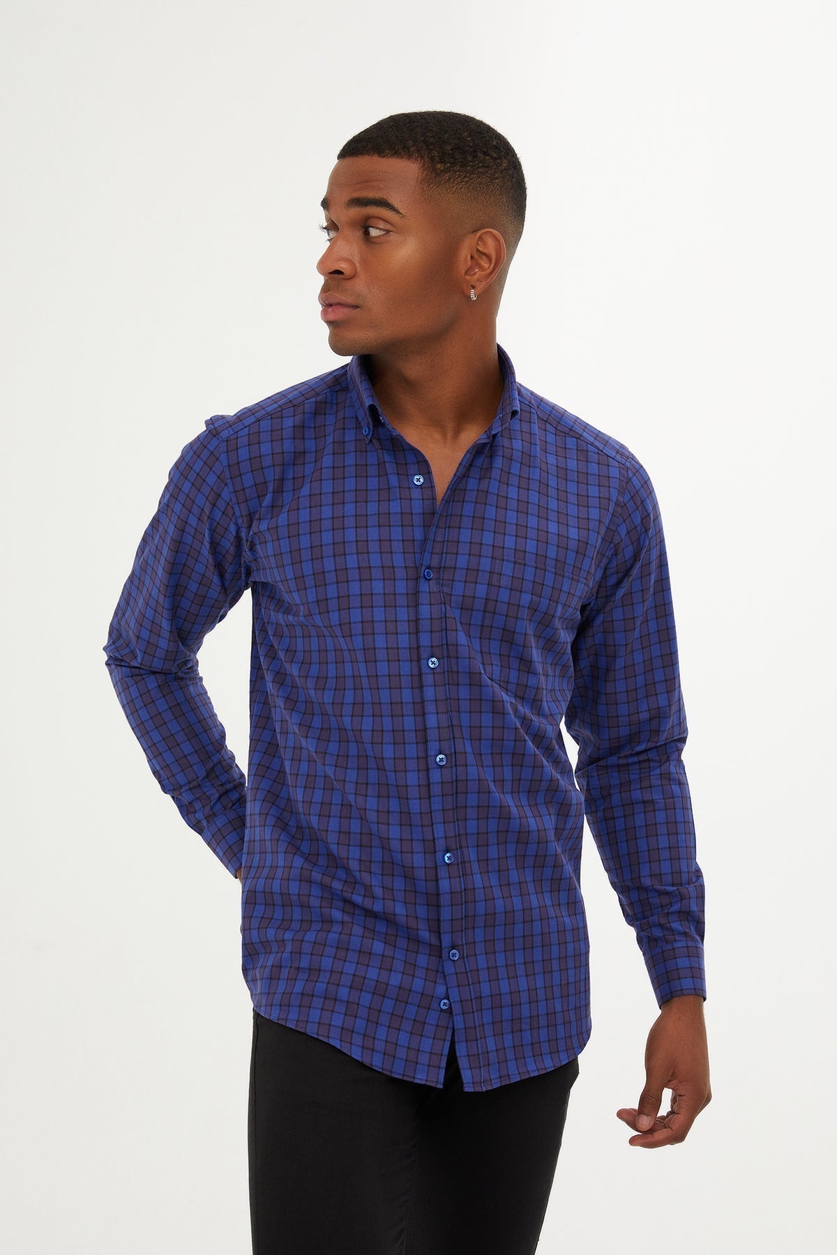 Blue and black plaid long-sleeved button-down shirt.