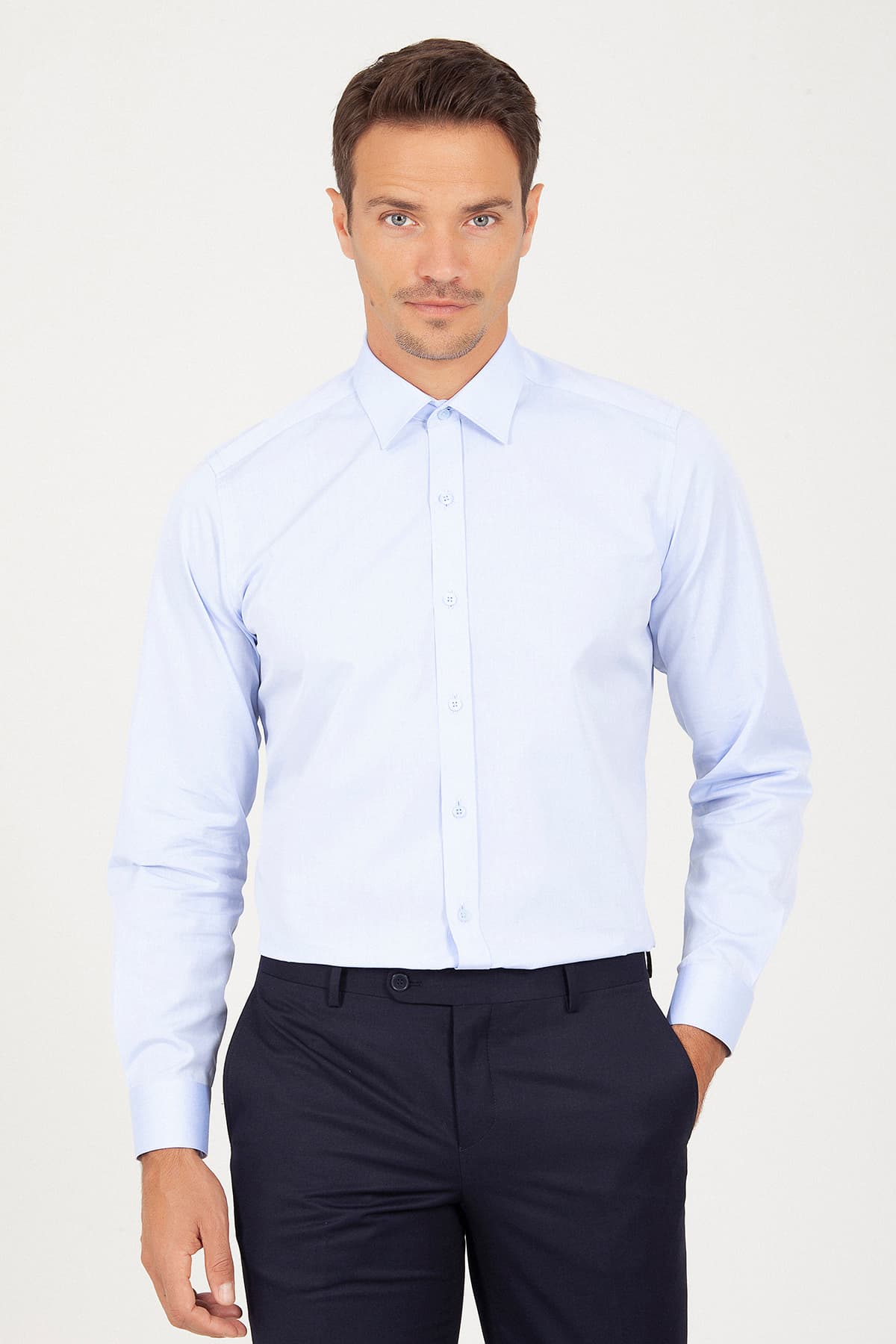 Regular Fit Long Sleeve Plain Cotton Blue Dress Shirt