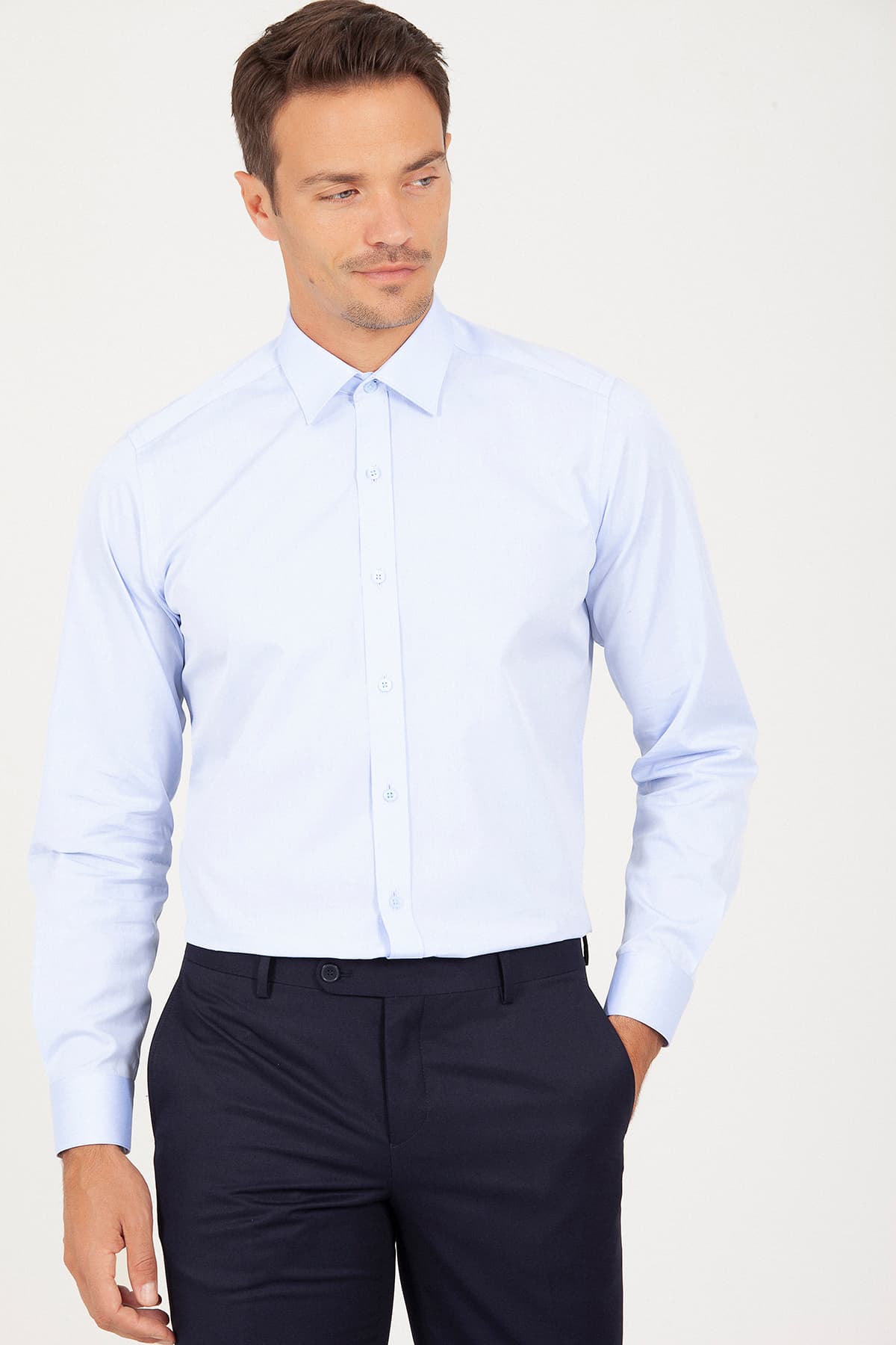 Regular Fit Long Sleeve Plain Cotton Blue Dress Shirt