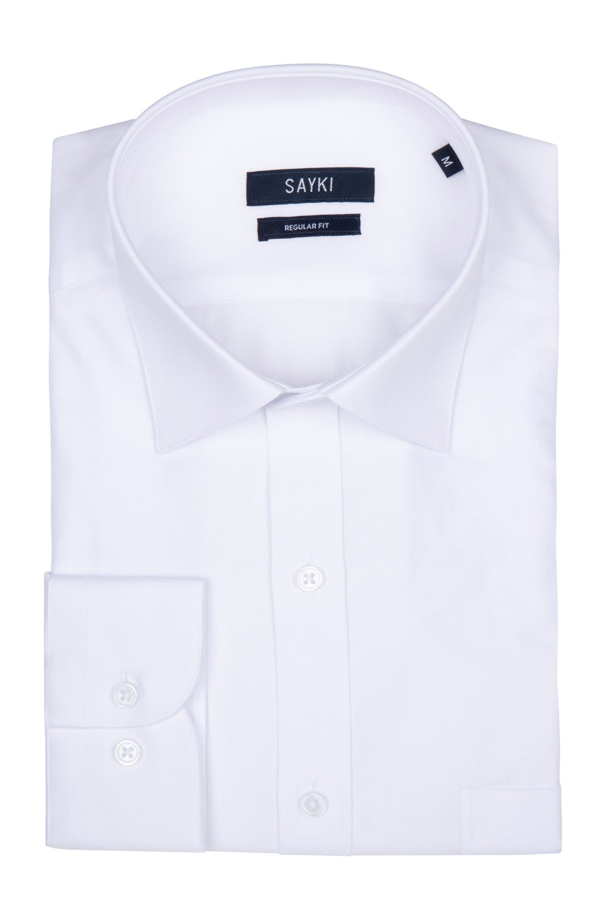 A crisp white sayki men’s dress shirt with a regular fit, featuring a classic collar and buttoned cuffs.