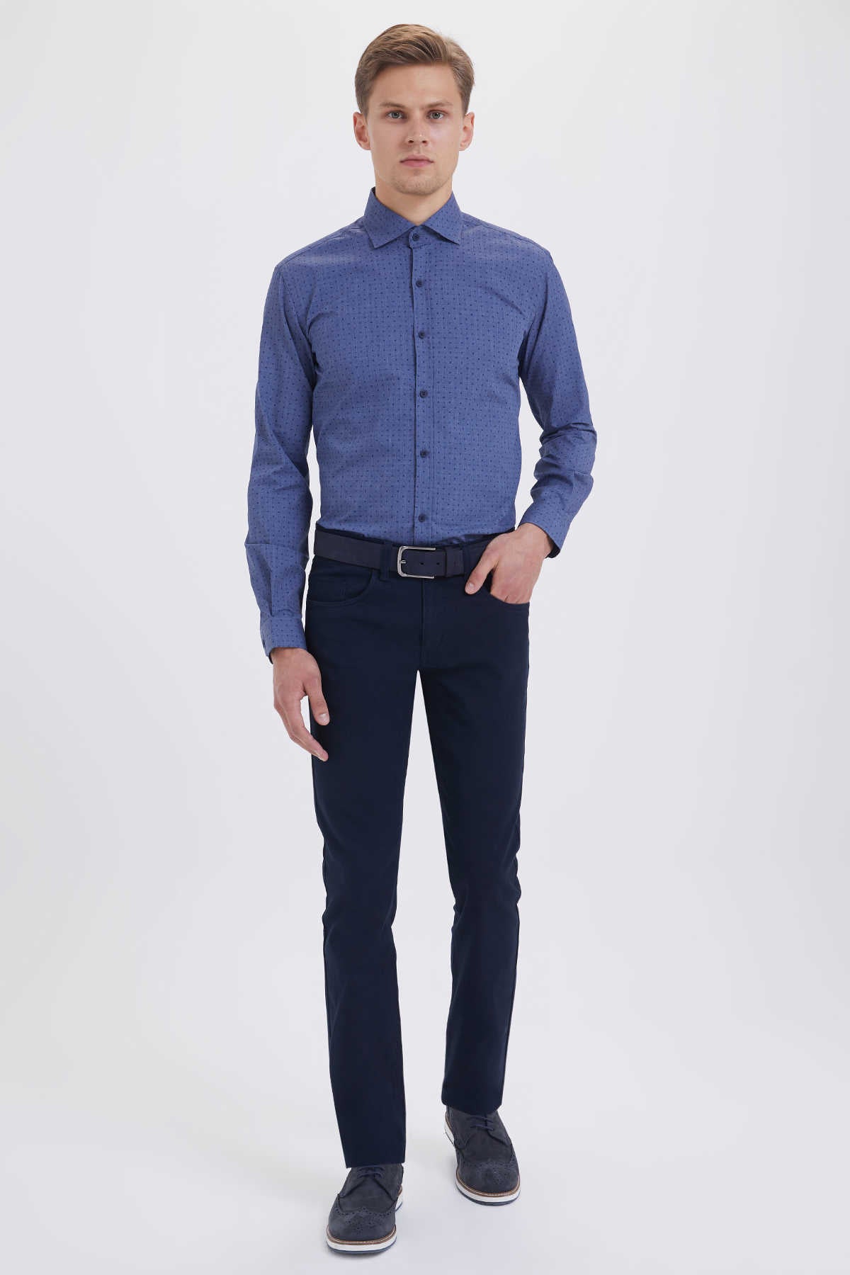 Regular Fit Low Waist Cotton Navy Casual Pants - SAYKI